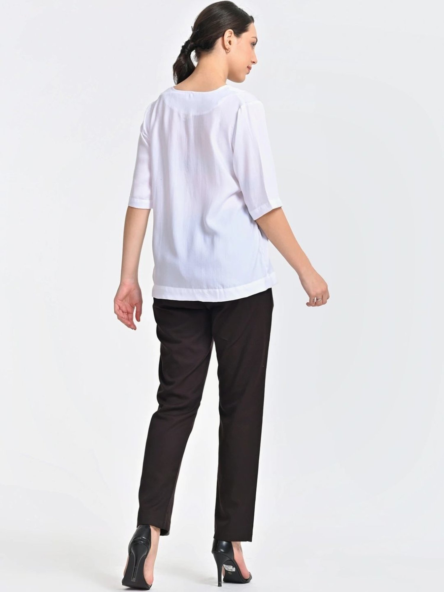 Saltpetre Cream Front Pleat Top With Brown Trousers Co-ords Set