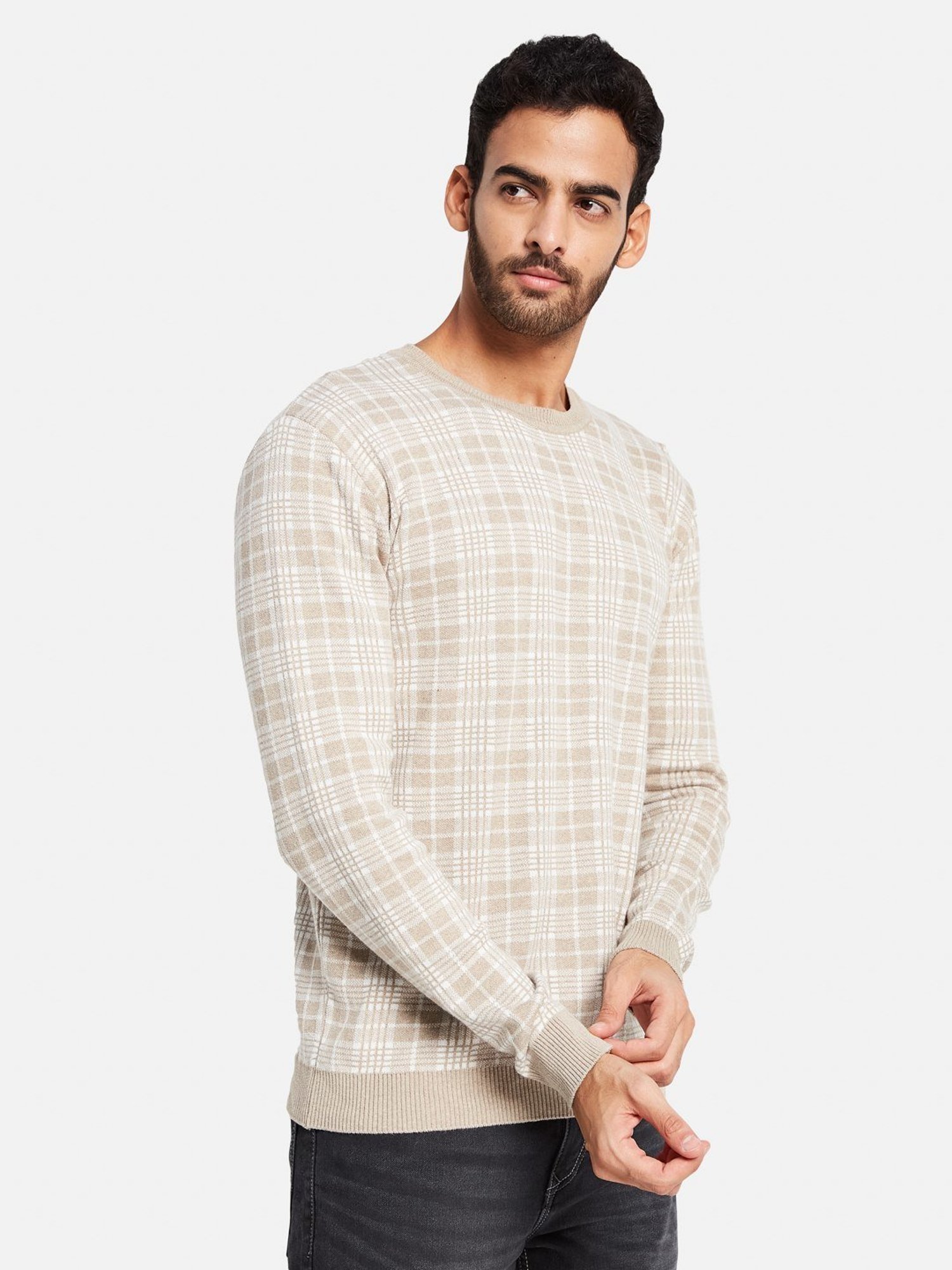 METTLE Khaki Cotton Regular Fit Checks Sweater
