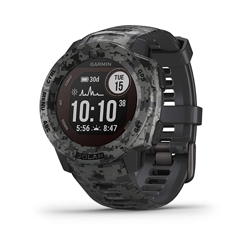 Instinct Solar, Solar-Powered Rugged Outdoor Smartwatch, Built-in Sports Apps and Health Monitoring, Graphite Camo