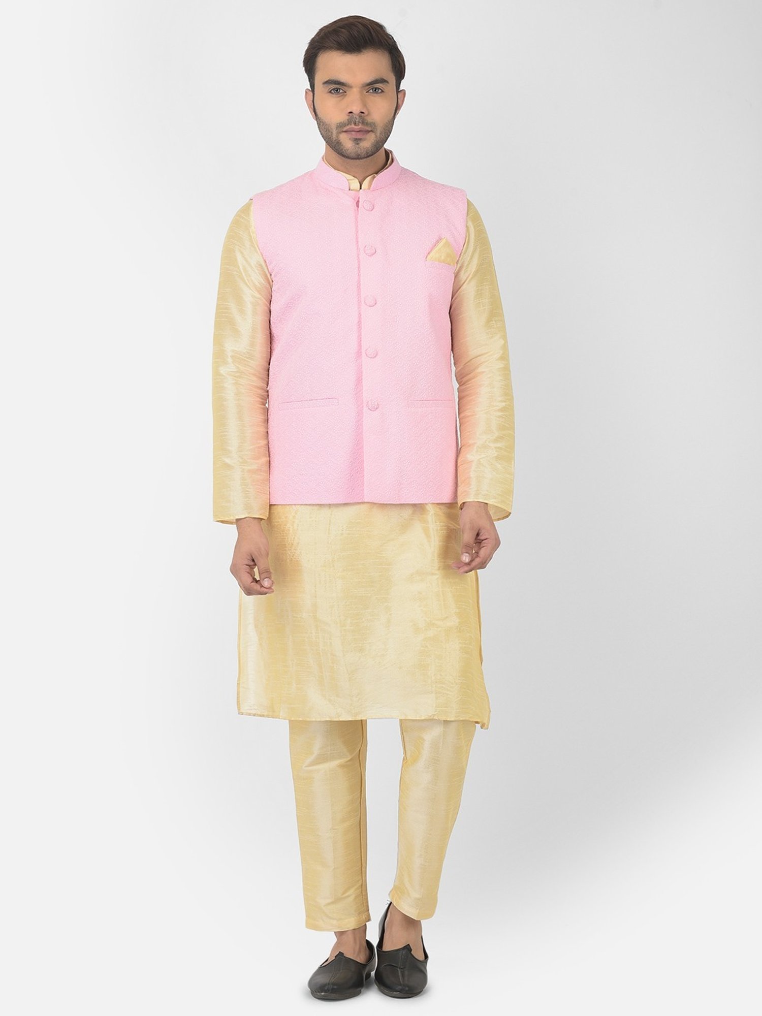 Deyann Pink & Yellow Regular Fit Embroidered Kurta Set With Jacket
