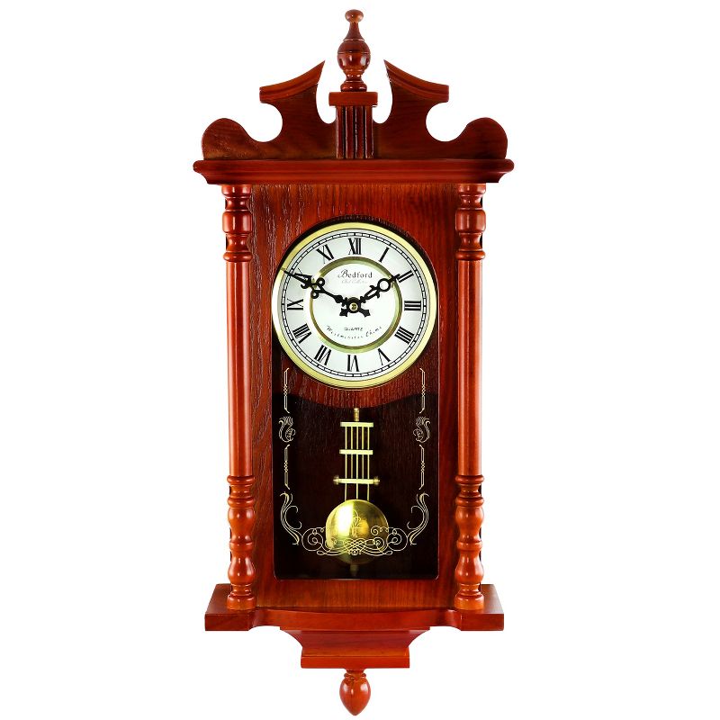 Bedford Collection 25 Inch Wall Clock with Pendulum and Chime in Dark Redwood Oak Finish