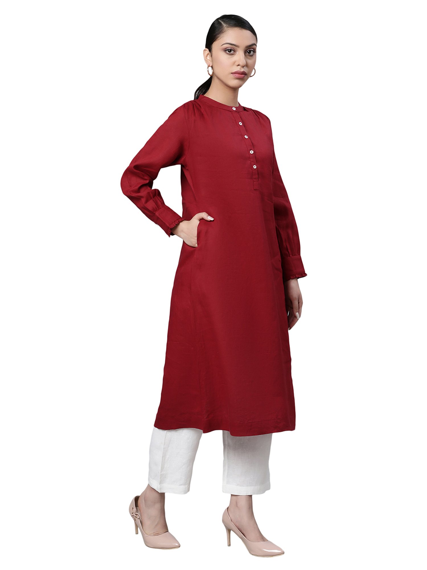 Linen Club Woman Maroon A Line Kurta