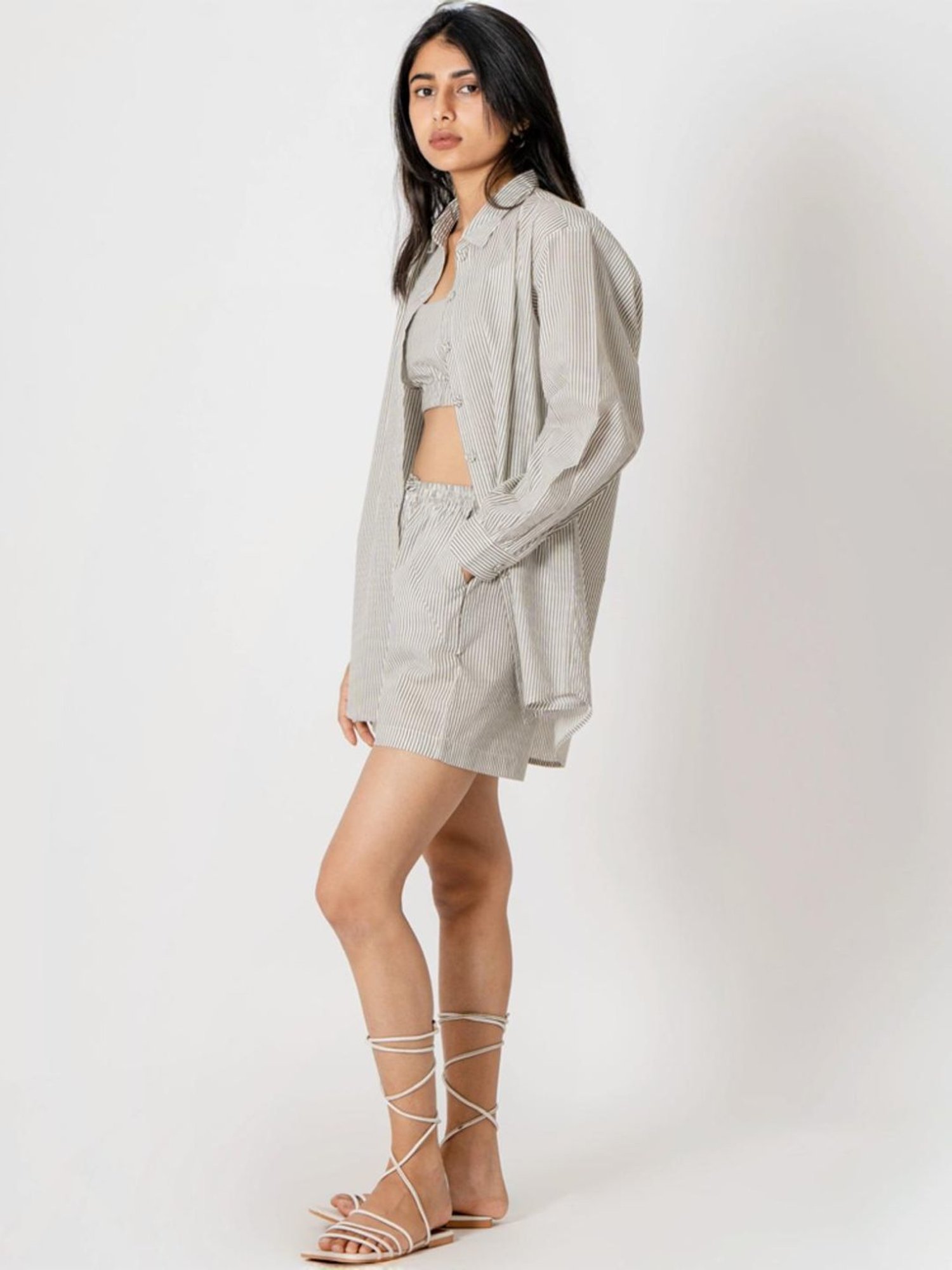 Kameez by Pooja White Capsule 24 Stripes Cotton Top and Jacket with Shorts Co-ord Set