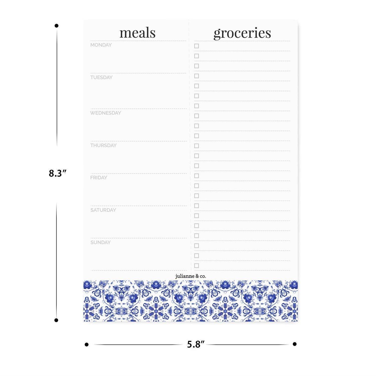 Weekly Meal Planner Notepad By Julianne & Co. - Food Planning Organizer And Grocery List Pad, 52 Premium A5 Pages, with Tear Away Perforated Shopping List (Blue China Print - NO Fridge Magnet)