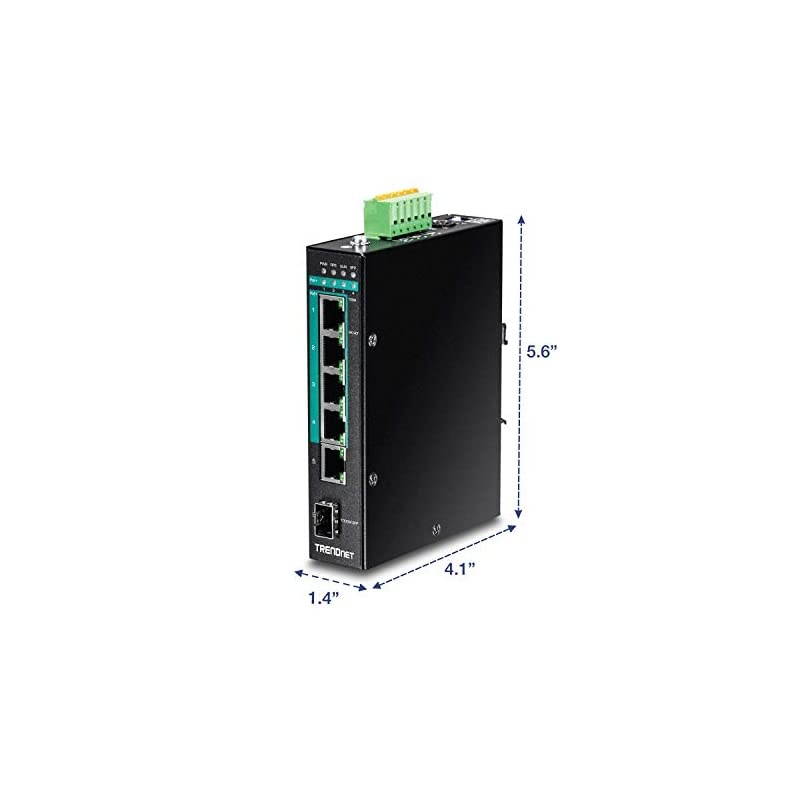 6-Port Hardened Industrial Gigabit PoE+ DIN-Rail Switch, 4 x Gigabit PoE+ Ports, Shared Gigabit Port (RJ-45/SFP), Dedicated SFP, 120W Power Budget, IP30, Lifetime Protection, Black, TI-PG62