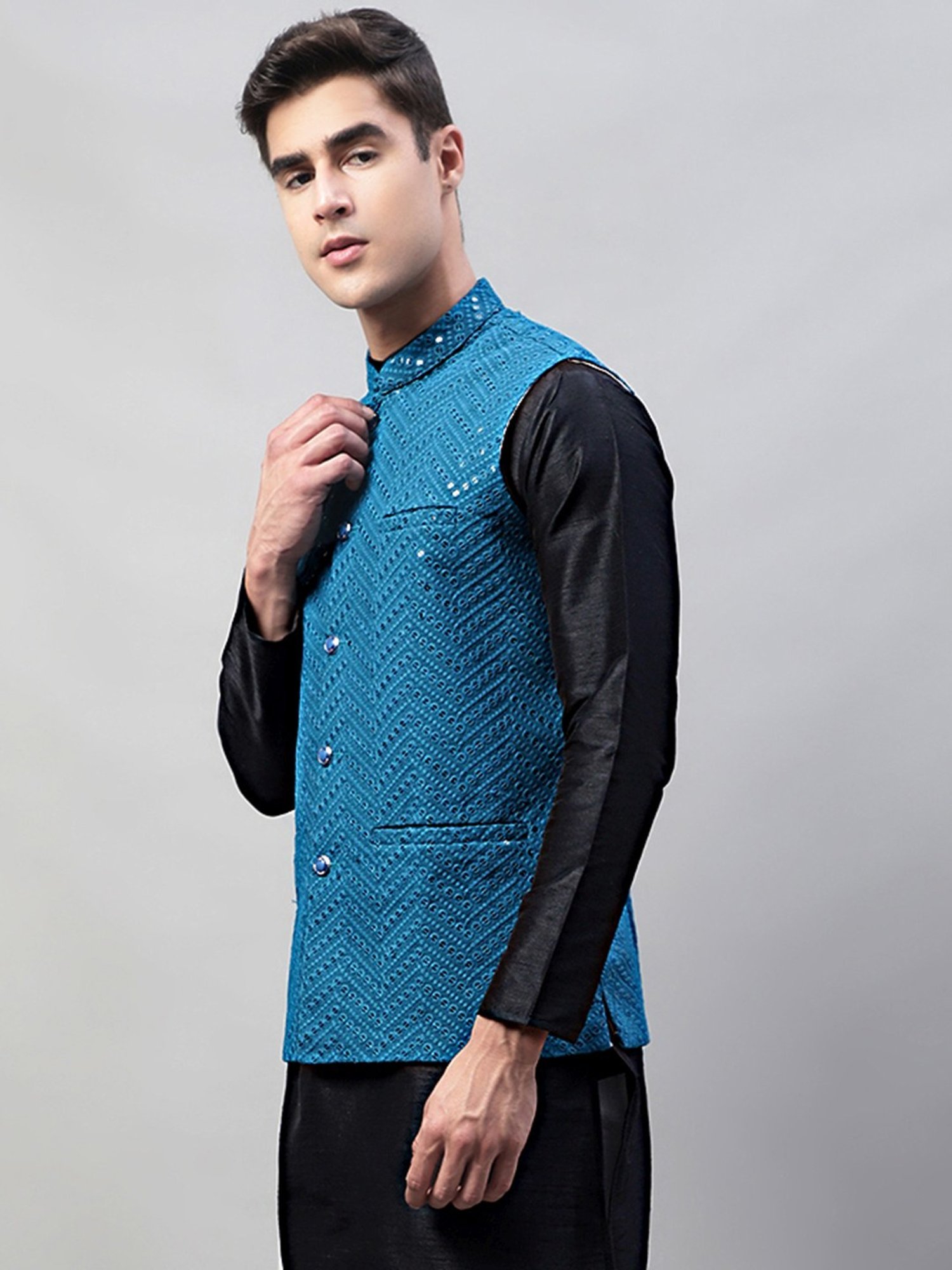 Jompers Peacock Blue Regular Fit Embroidered Nehru Jacket