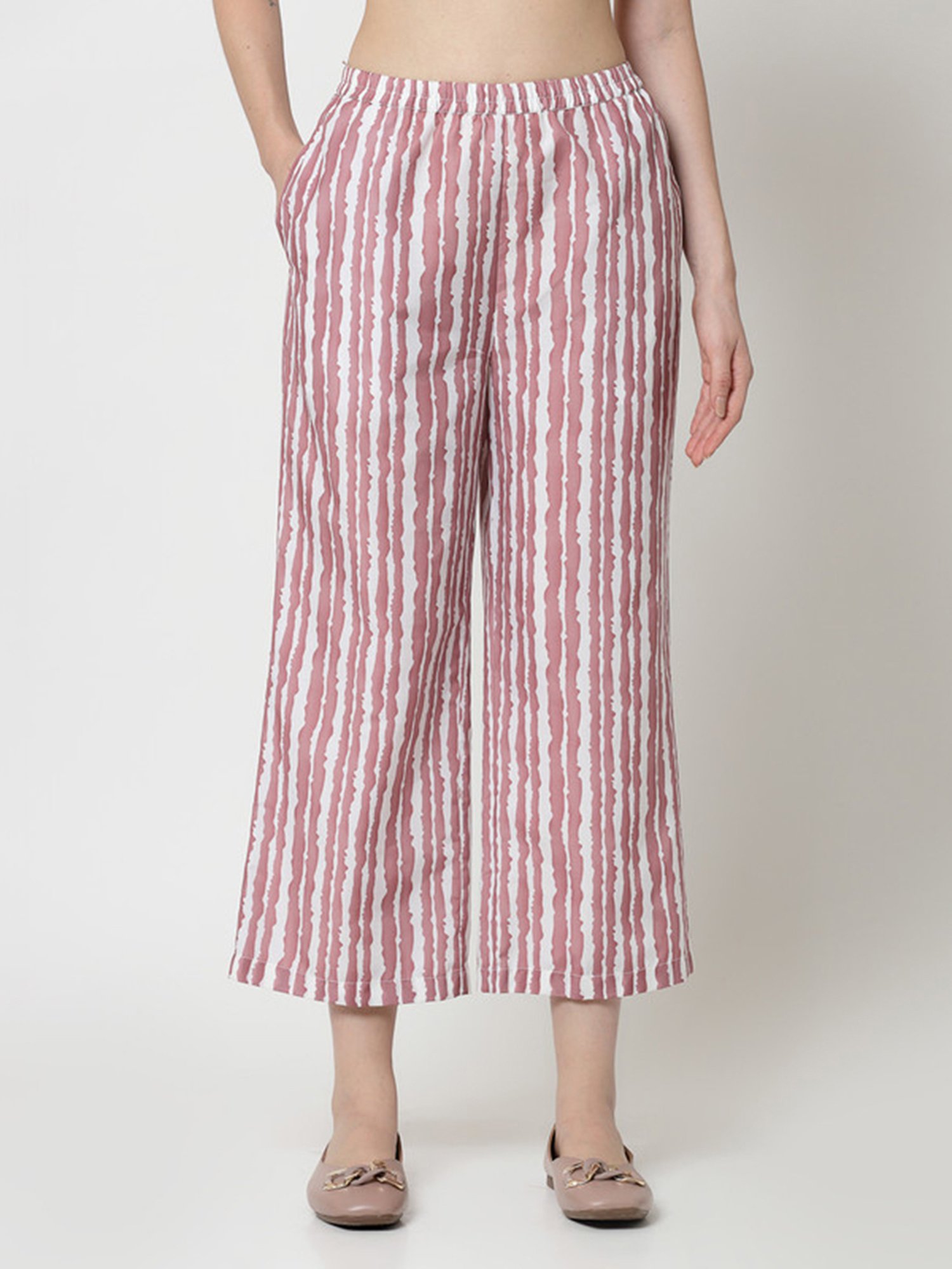 Office & You Pink Striped Regular Fit Mid Rise Palazzos