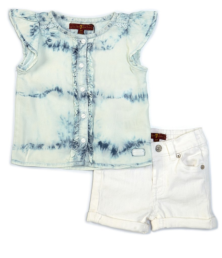 7 For All Mankind Baby Girls 12-24 Months Tie-Dye Denim Ruffle Sleeve Top & Denim Short Set