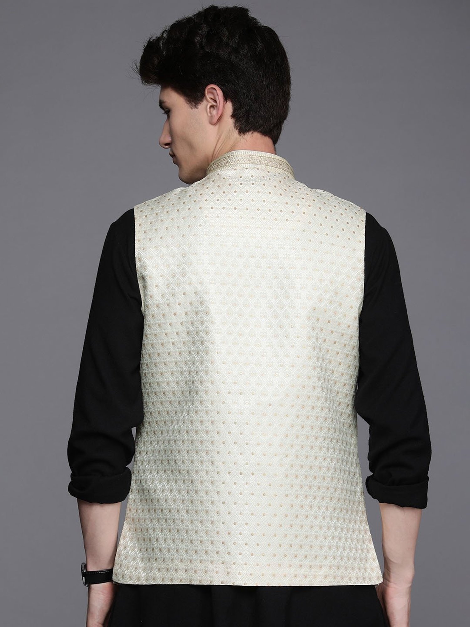 Manyavar Beige Regular Fit Self Design Nehru Jacket