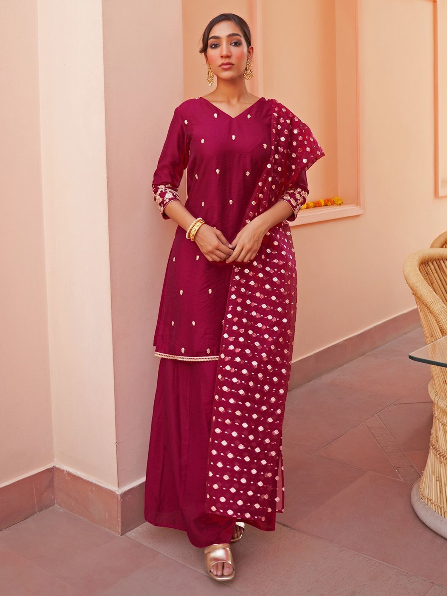 Janasya Pink Embellished Kurti Sharara Set With Dupatta
