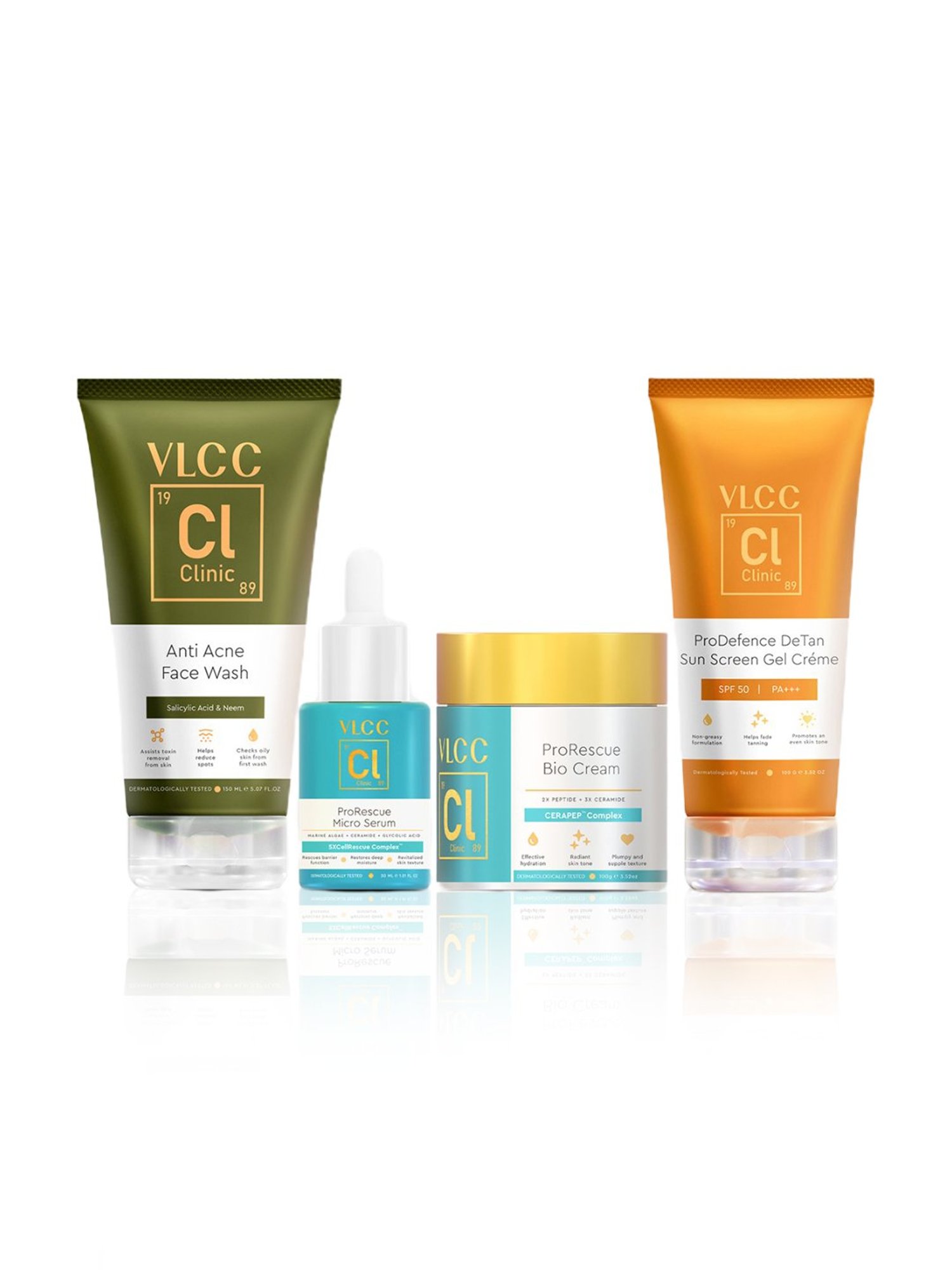VLCC Clinic Anti Acne Face Wash, DeTan Sun Screen, ProRescue Micro Serum & Bio Cream Combo