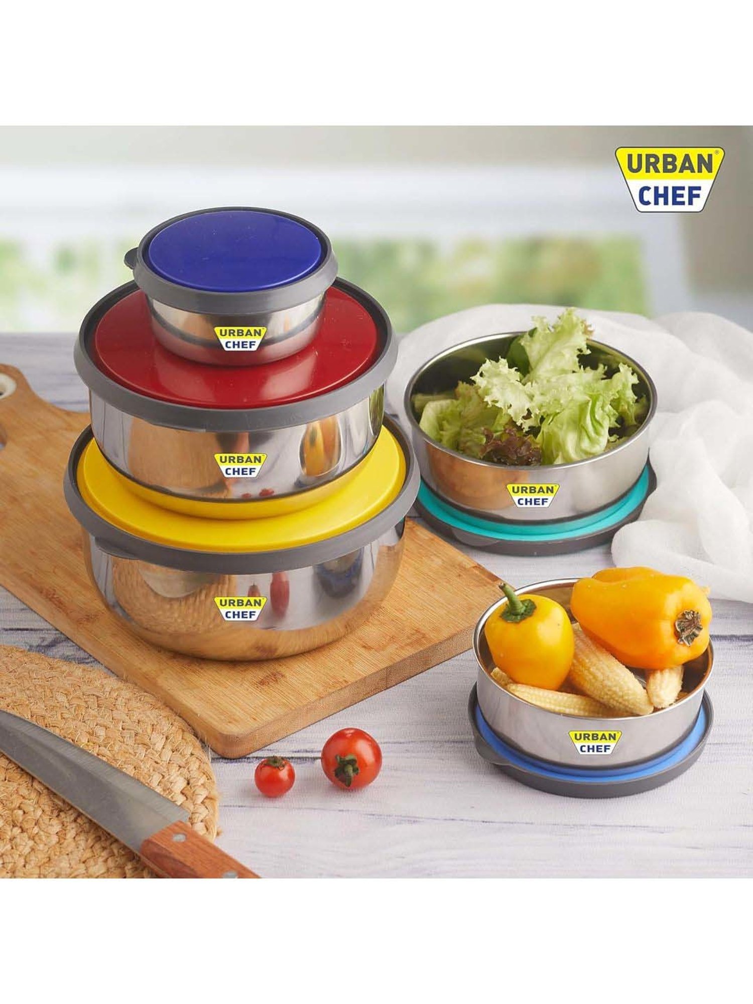 Urban Chef Multicolor Stainless Steel Fresca Push & Lock Bowl Storage Set With Lid - Set of 5