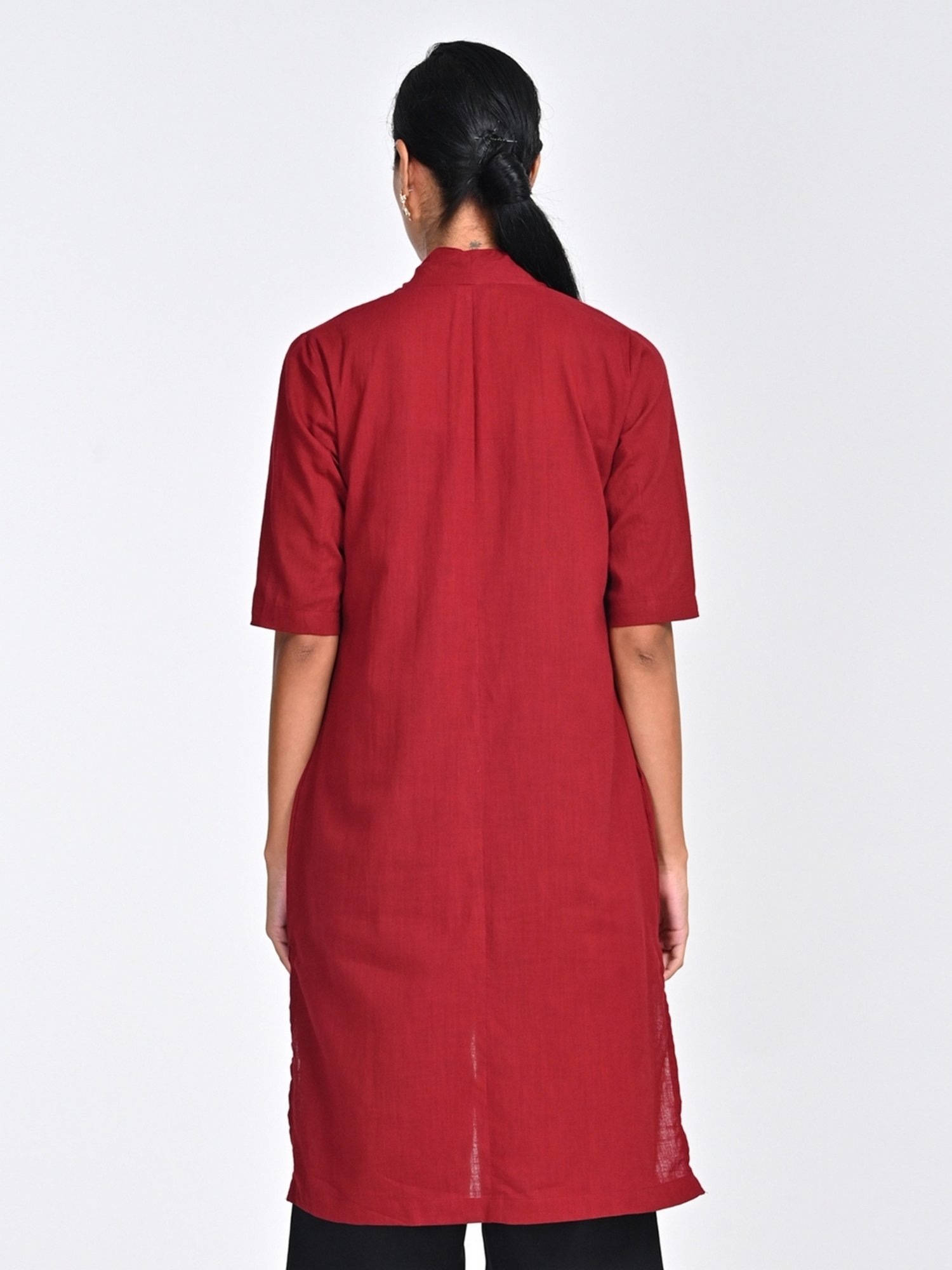 Saltpetre Women Organic Cotton Solid Draped Neck Collar Long Shirt