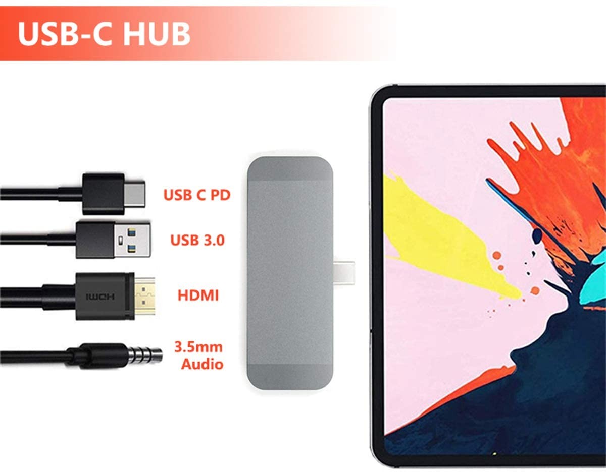 USB C HUB with HDMI USB 3.0 Type-C PD 4K Video 3.5mm Audio Adapter USB 3.1 HUB Port PD Quick Charging Port for 2018 iPad Pro MacBook Pro