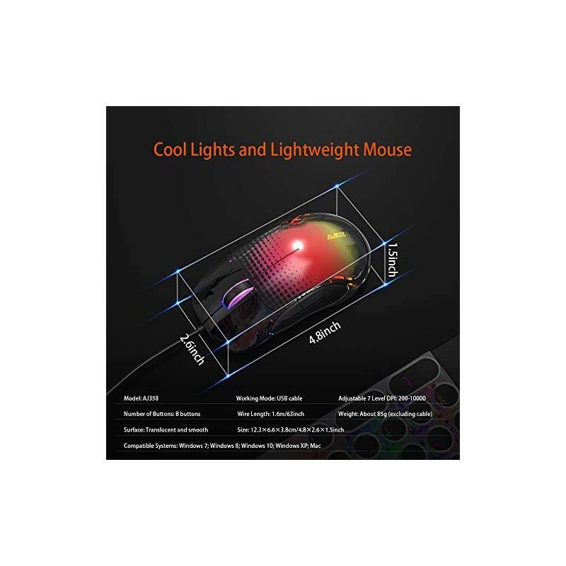 AJ358 RGB Lightweight Gaming Mouse Translucent LED Backlit Adjustable 7 Level DPI Programmable 7 Buttons 85g Ergonomic Wired Mice for PC Computer Games or Work Black