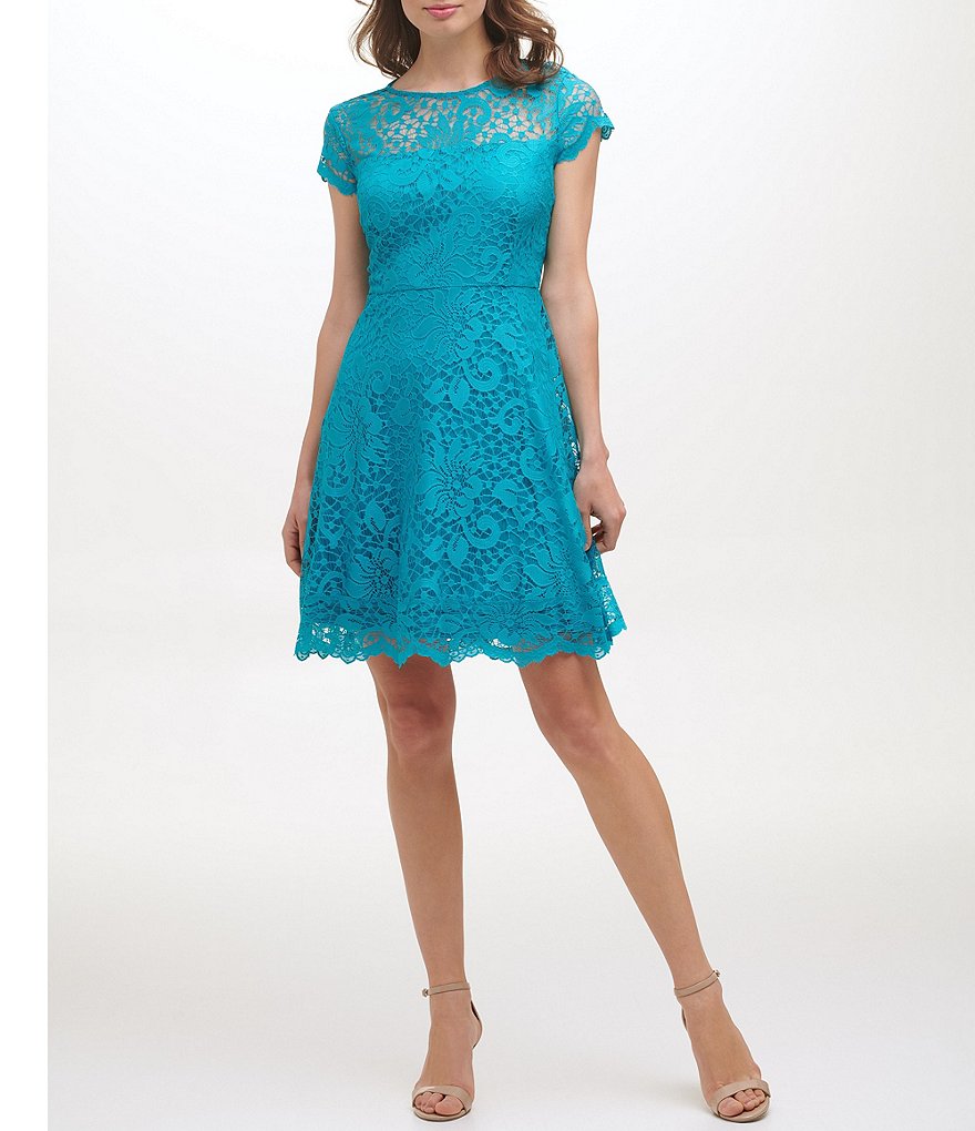 Kensie Illusion Crew Neck Cap Sleeve Lace A-Line Scallop Hem Dress