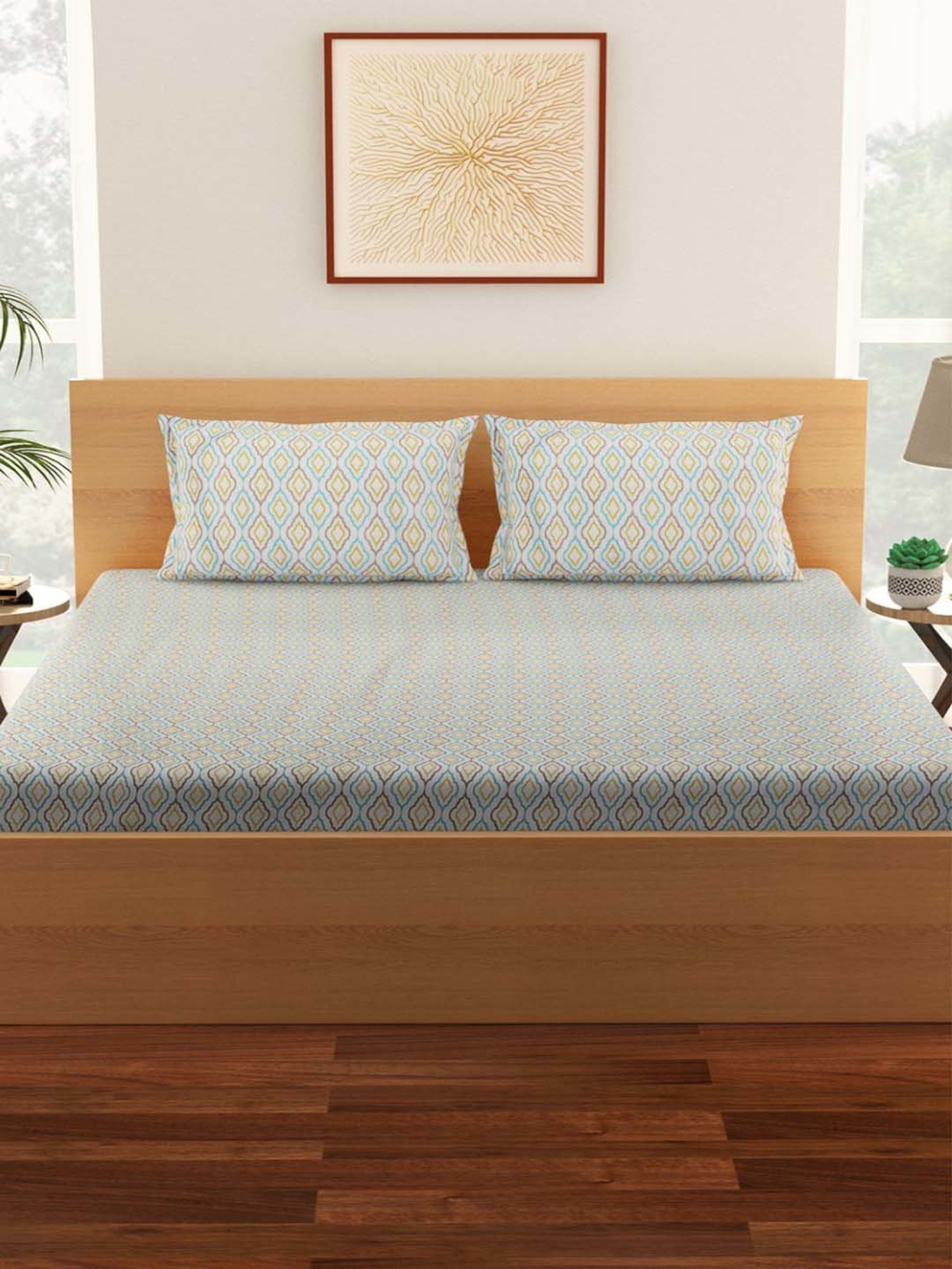 Living Scapes by Pantaloons Beige Blend Bedsheet With 2 Pillow Covers