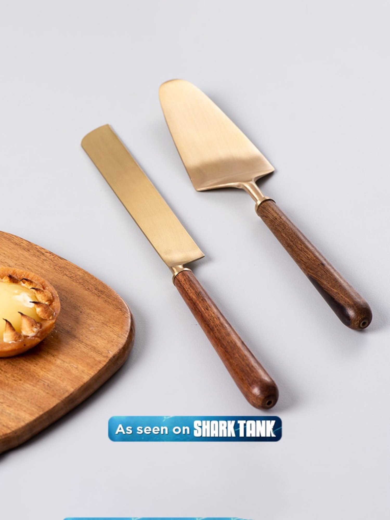 Nestroots Cake Cutting Knife Server Serrated Knife Set of 2 Dessert Server Gold with Wood Handle