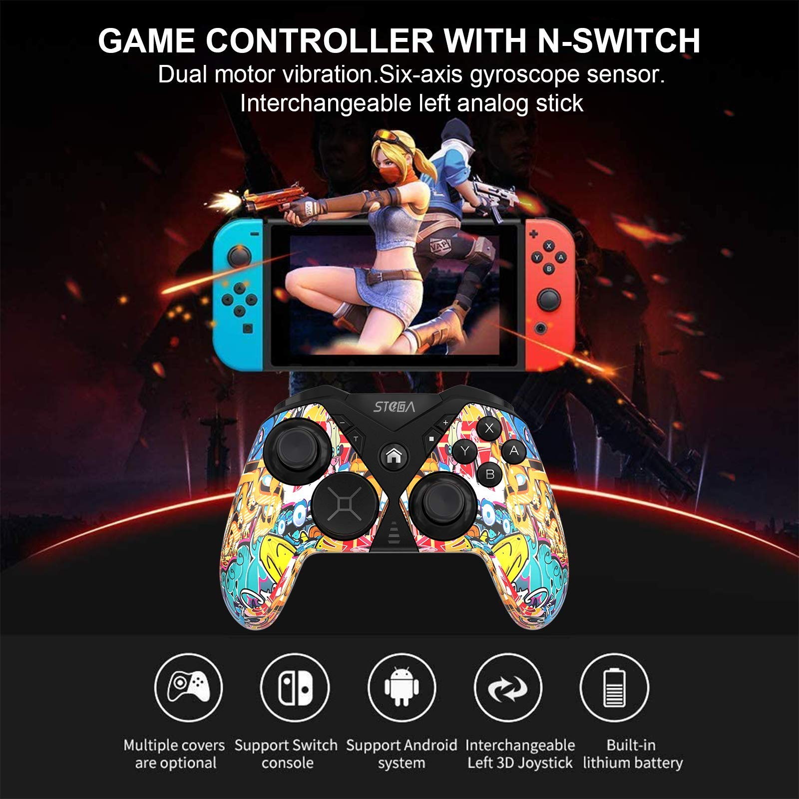 Wireless Controller for Nintendo Switch, STOGA Game Controller for Switch Lite Interchangeable Cross Button and Left 3D, DIY Replaceable Skin Shell, Macro (Graffiti)