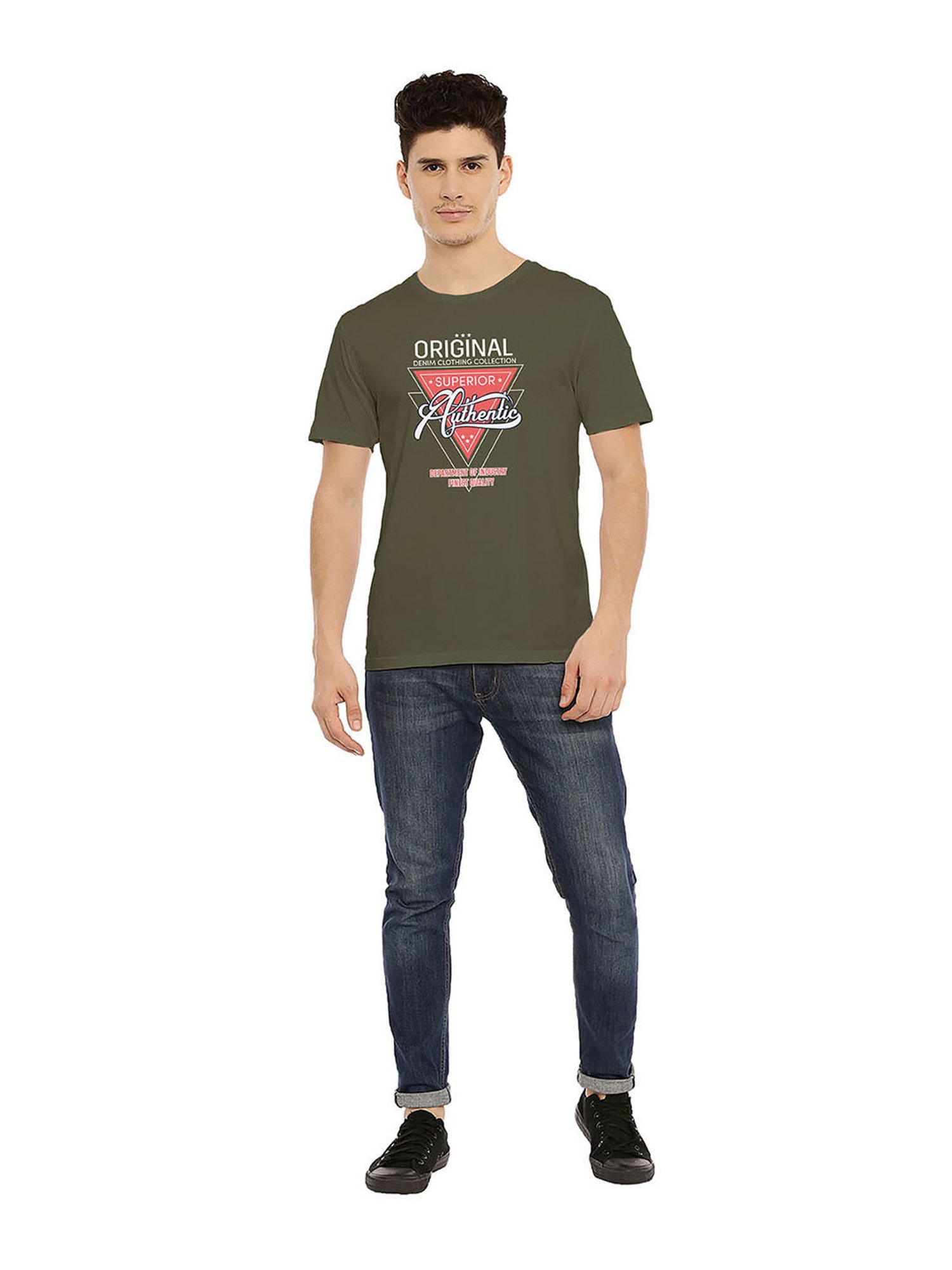 BLACK RADIO Olive Slim Fit Printed Cotton Crew T-Shirt
