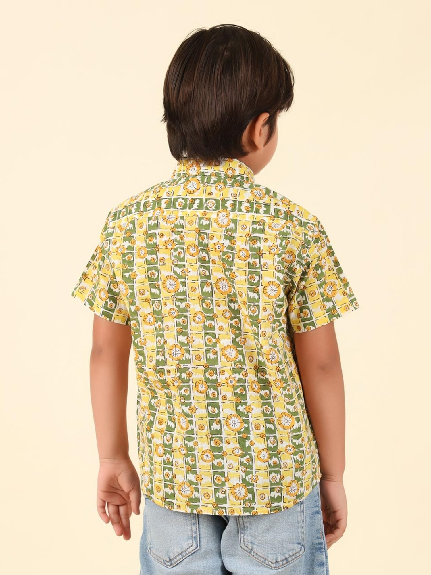 Fabindia Kids Green Cotton Hand Block Printed Shirt