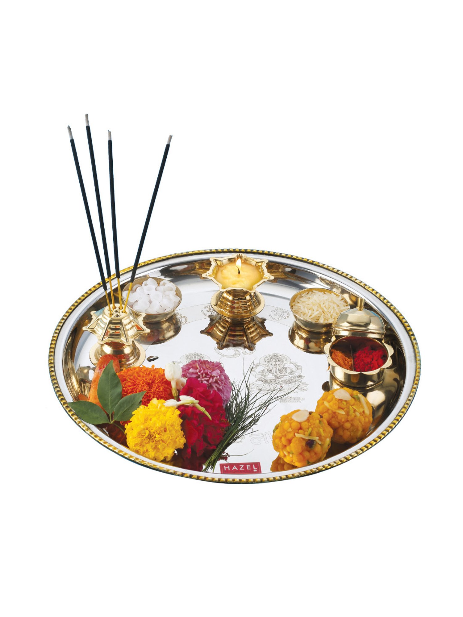 HAZEL 'Diva' Silver Stainless Steel Puja Thali Set with 1 Diya & 1 Bati
