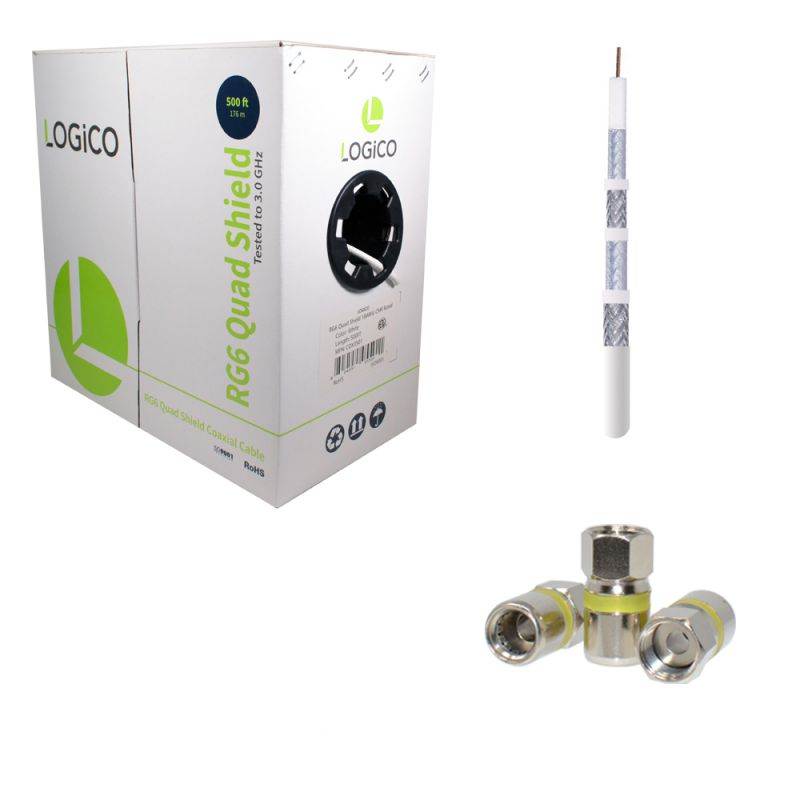 LOGICO RG6 Quad Shield Coaxial Cable 500FT White + 50 Piece F-Type Compression Connectors Kit
