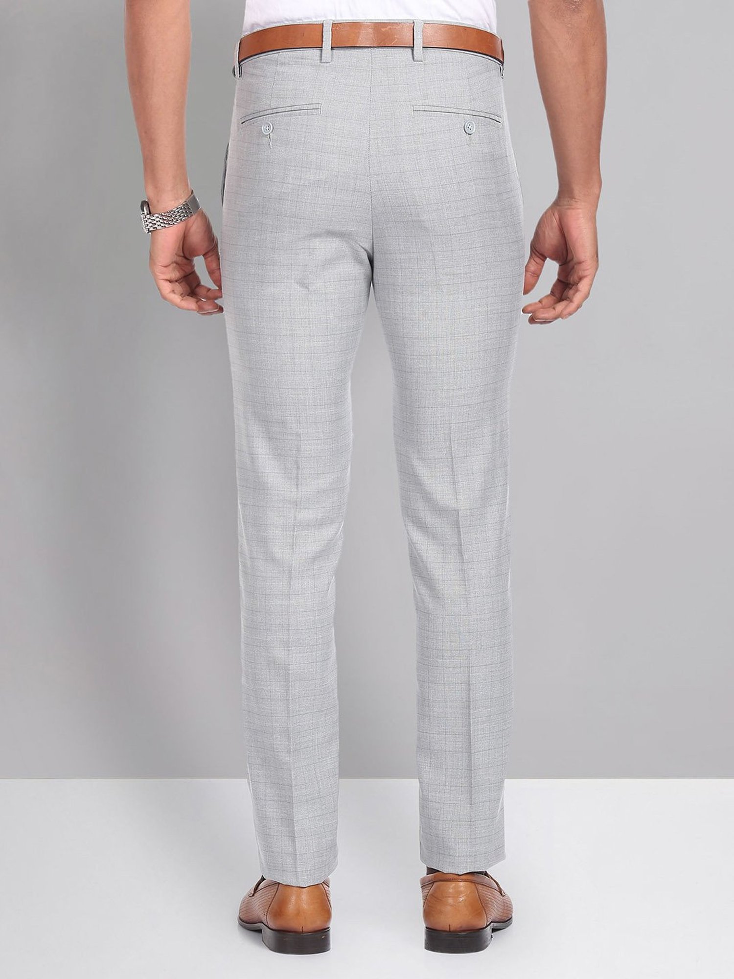 AD by Arvind Grey Melange Slim Fit Check Flat Front Trousers