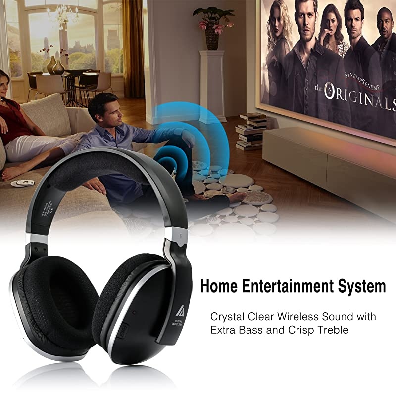 Wireless TV Headphones Over Ear Headsets - Digital Stereo Headsets with 2.4GHz RF Transmitter, Charging Dock, 100ft Wireless Range and Rechargeable 20 Hour Battery, Black