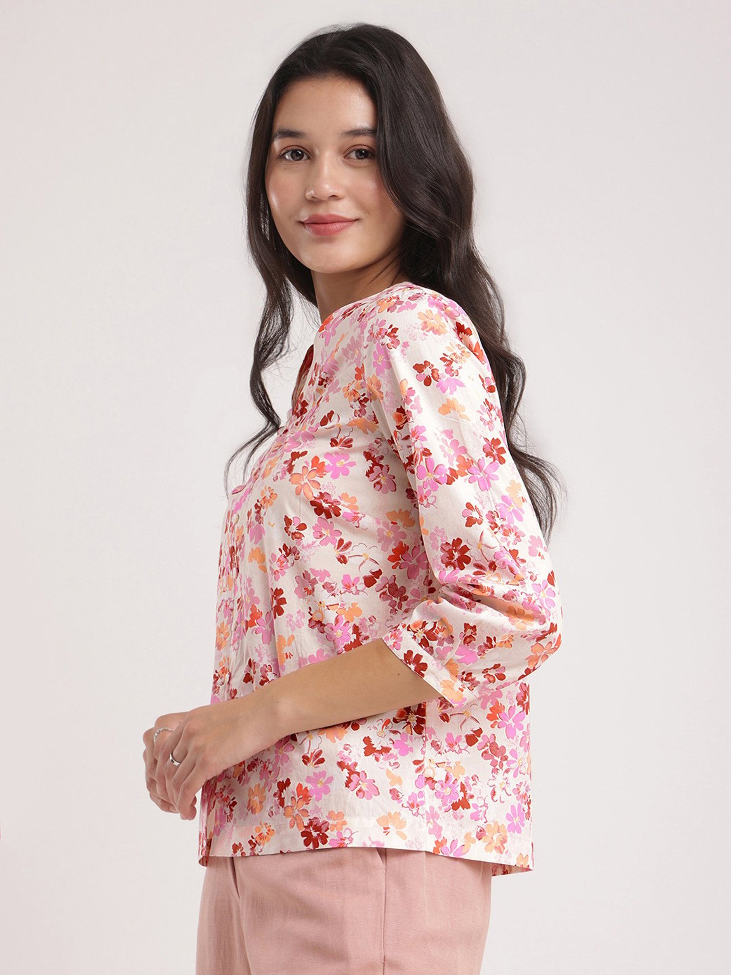Fablestreet Off White & Pink Cotton Floral Print Top