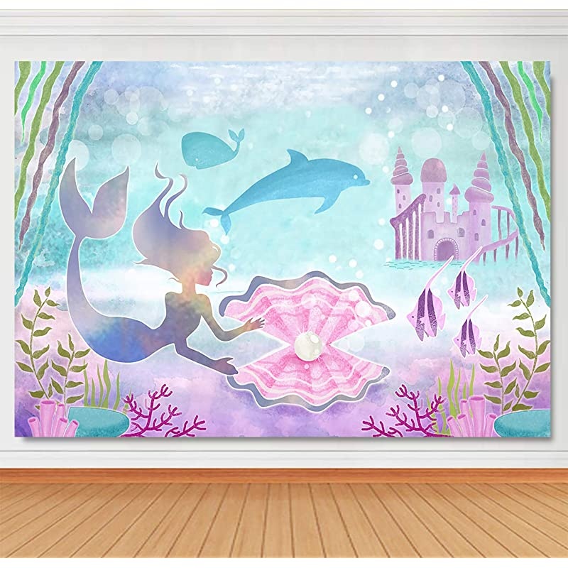 Under The Sea Little Mermaid Birthday Backdrop Banner for Girls Castle Whale Pearl Princess Mermaid Birthday Party Decorations Supplies Cake Table Background 7x5ft