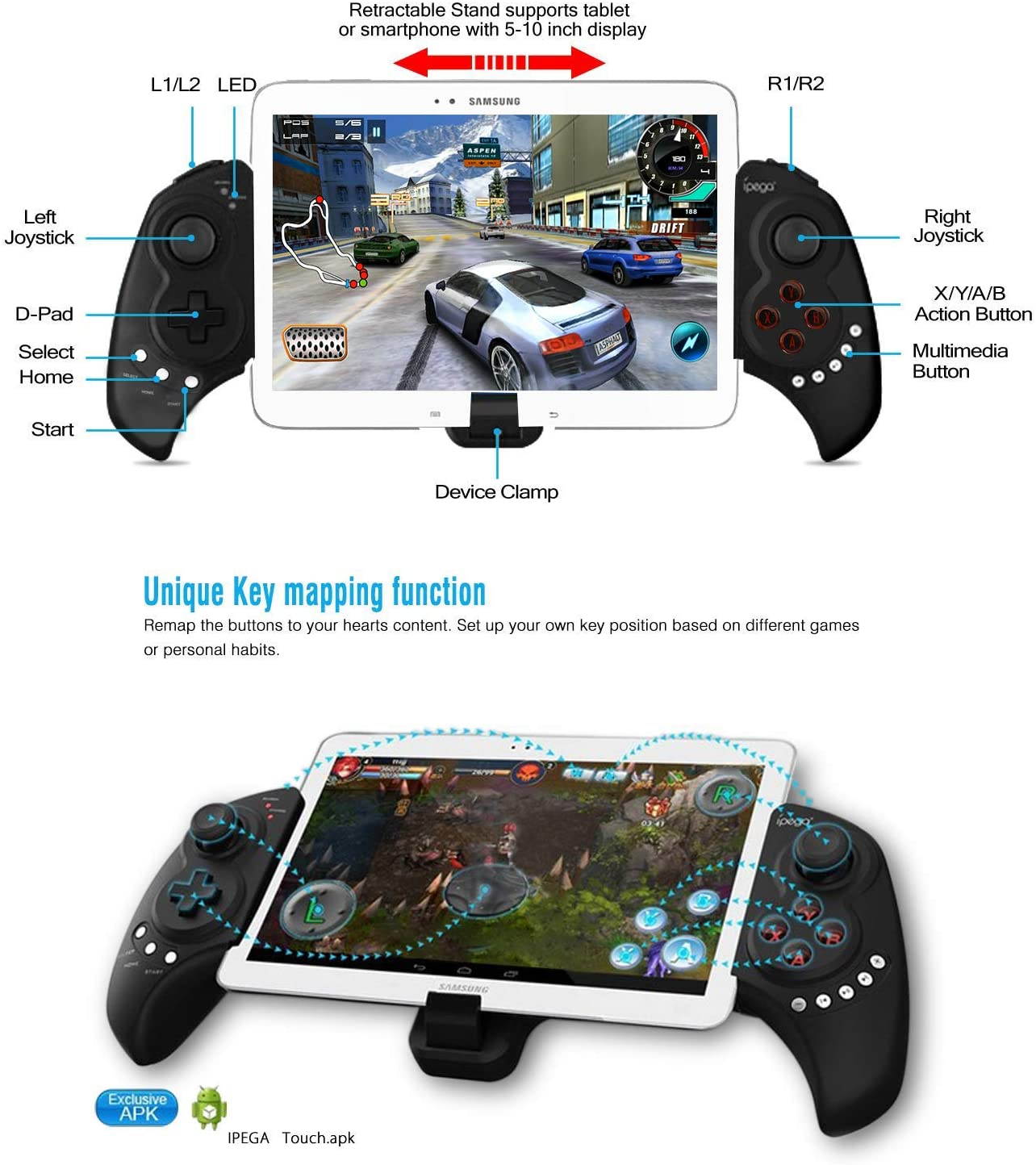 Wireless Gamepad Game Controller, Telescopic Extendable Joystick for 5-10 inch Tablets Phones, Compatible with PC, Android, Samsung Galaxy Tab S3 S2 Note 9 Galaxy S10 S9+ S8+ Huawei