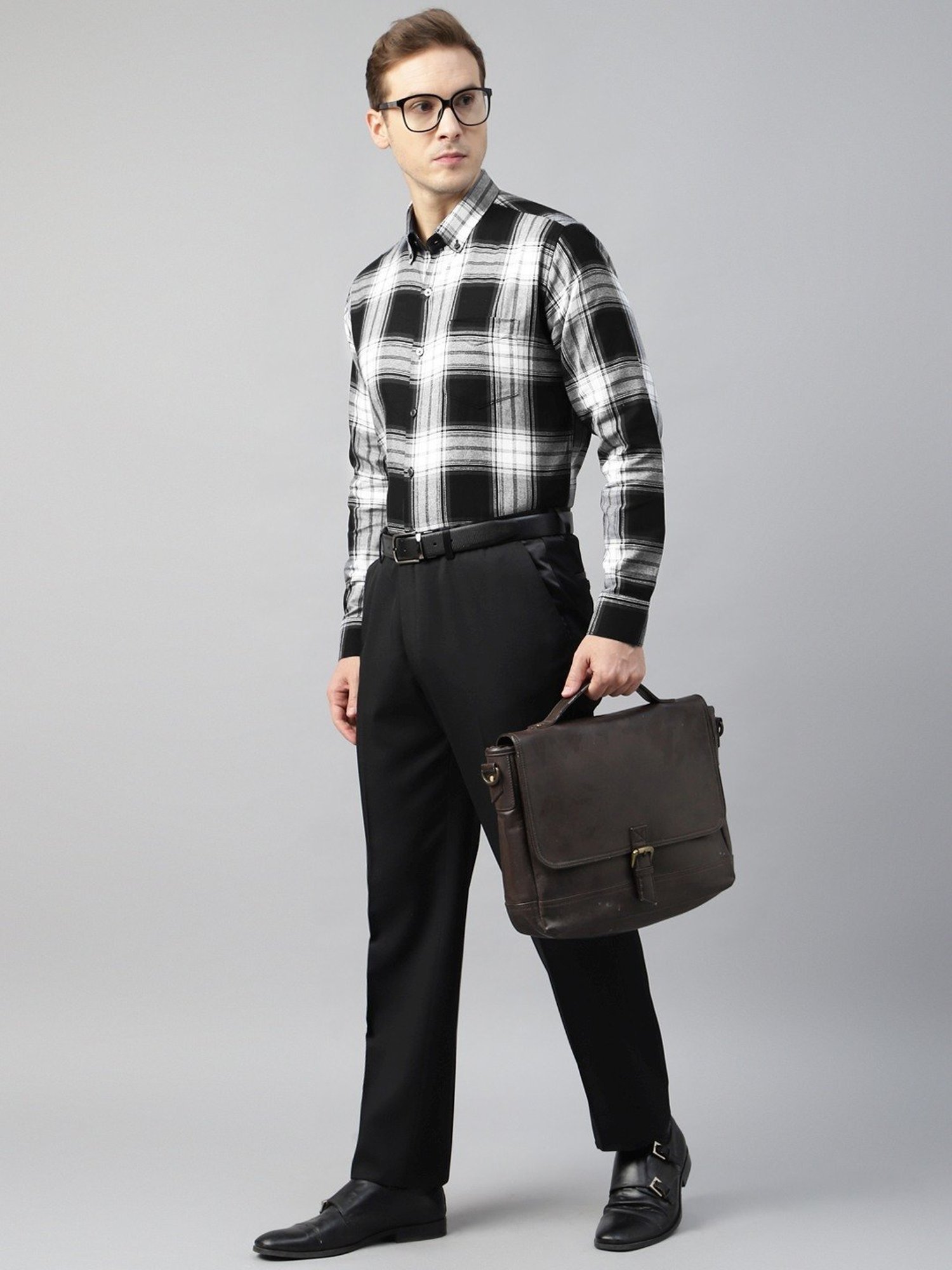 Hancock Black & White Cotton Slim Fit Checks Shirt