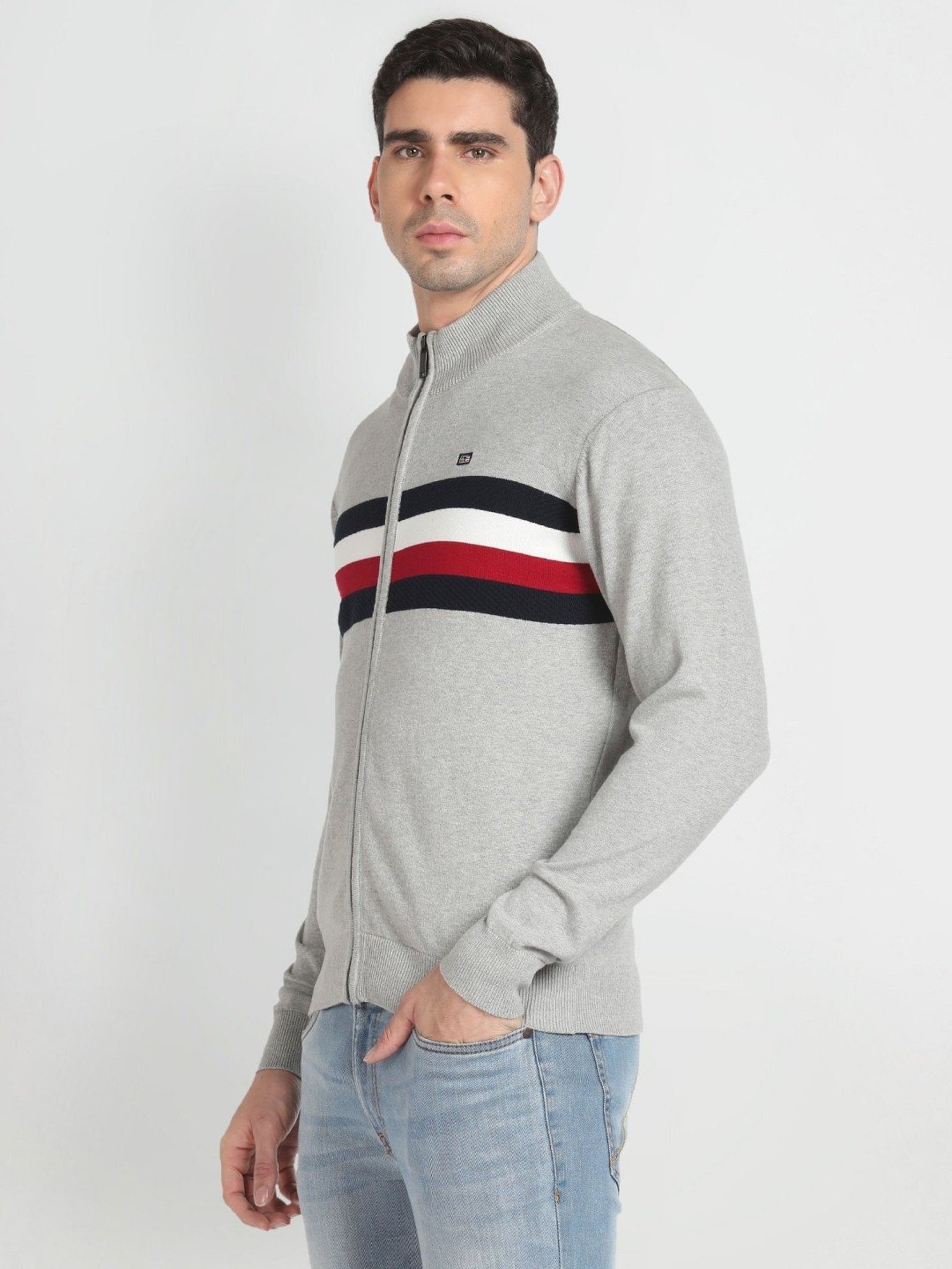 Arrow Sport Grey Cotton Regular Fit Striped Sweater