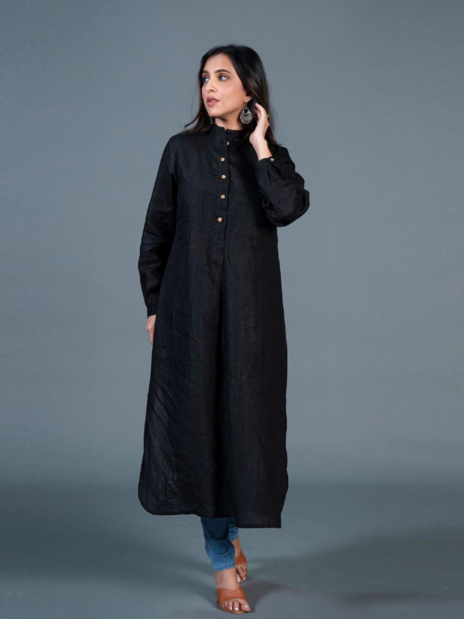 Eeshva India Black Jabha Style Linen Kurta