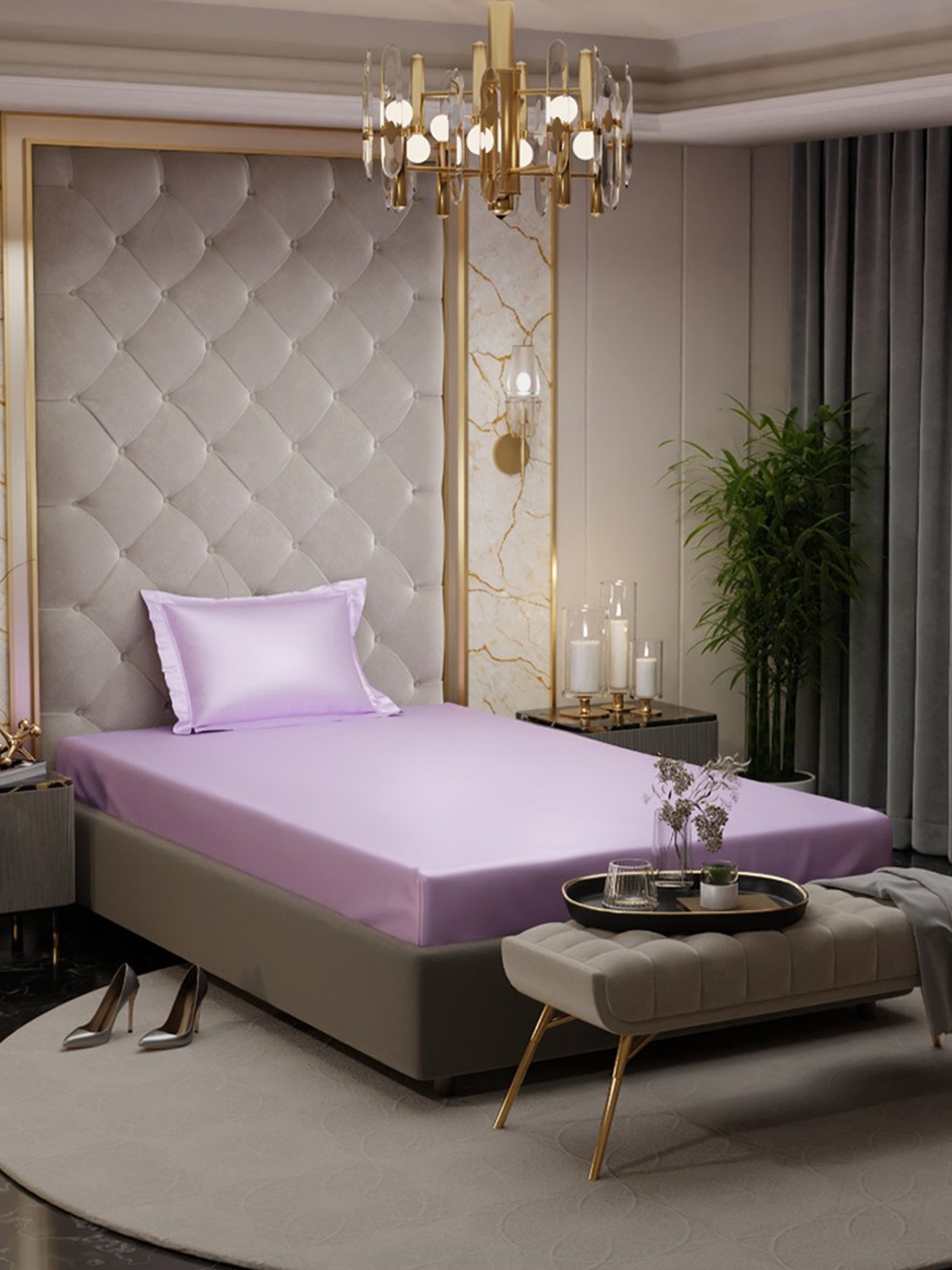 Stoa Paris Lilac Polyester 300 TC Date Night Single Fitted Bedsheet With Pillow Cover