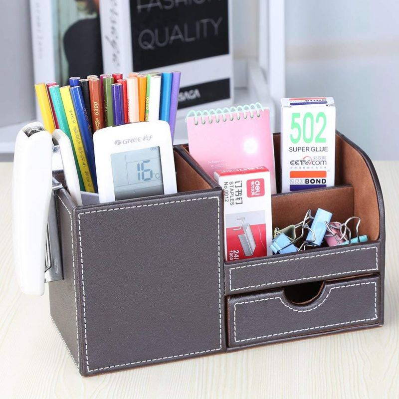 KINGFOM Wooden Struction Leather Multi-function Desk Stationery Organizer Storage Box Pen/Pencil,Cell phone, Business Name Cards Remote Control Holder with Small Drawer Brown