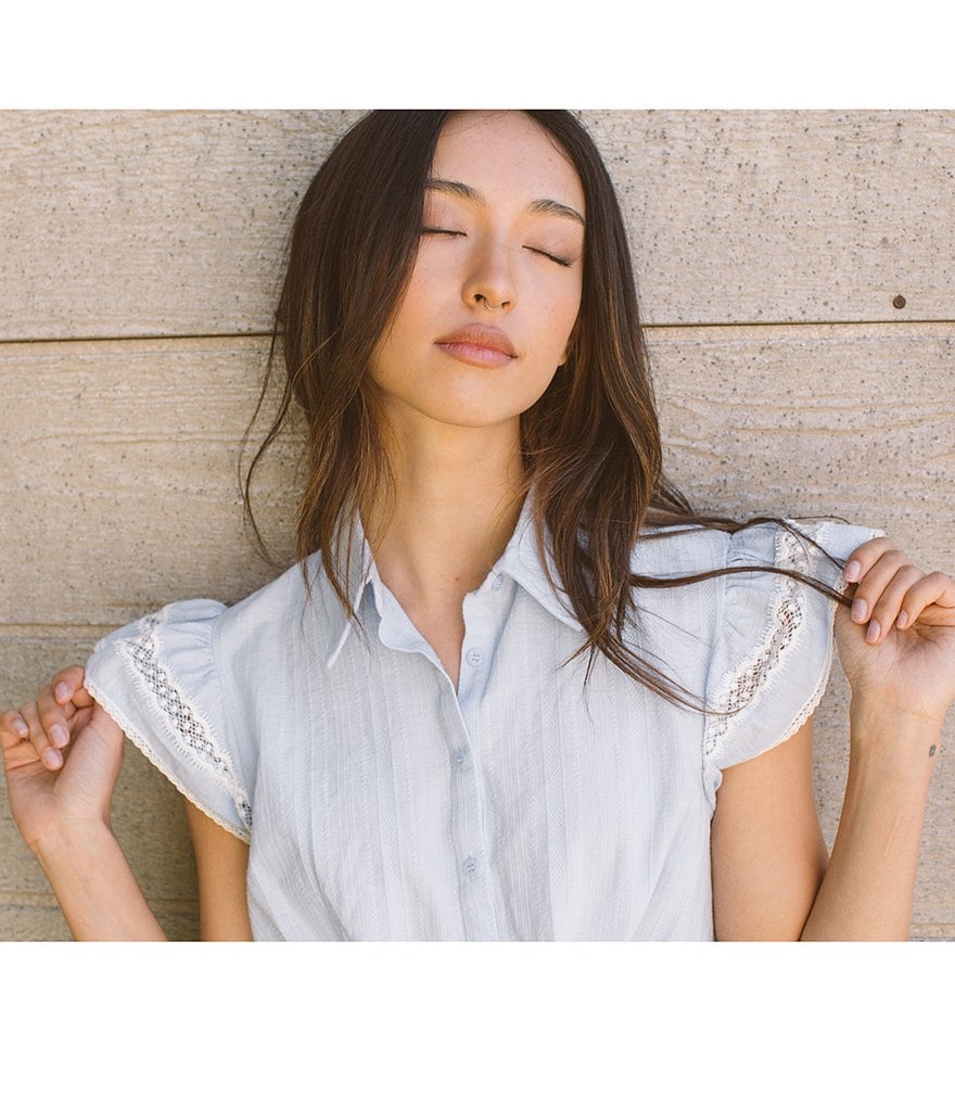 Shabby Chic Waverly Point Collar Lace Trim Ruffle Cap Sleeves Button Down Twist Front Hem Top