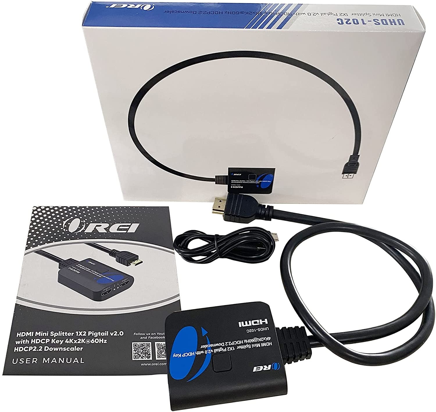 OREI 4K 1 in 2 Out HDMI Splitter 4:4:4 8-bit - HDMI 2.0, HDCP 2.2, 18 Gbps, 4K @ 60Hz HDMI Duplicator/Distributor UltaHD High Resolution Down Scaler 1x2 (UHDS-102C)