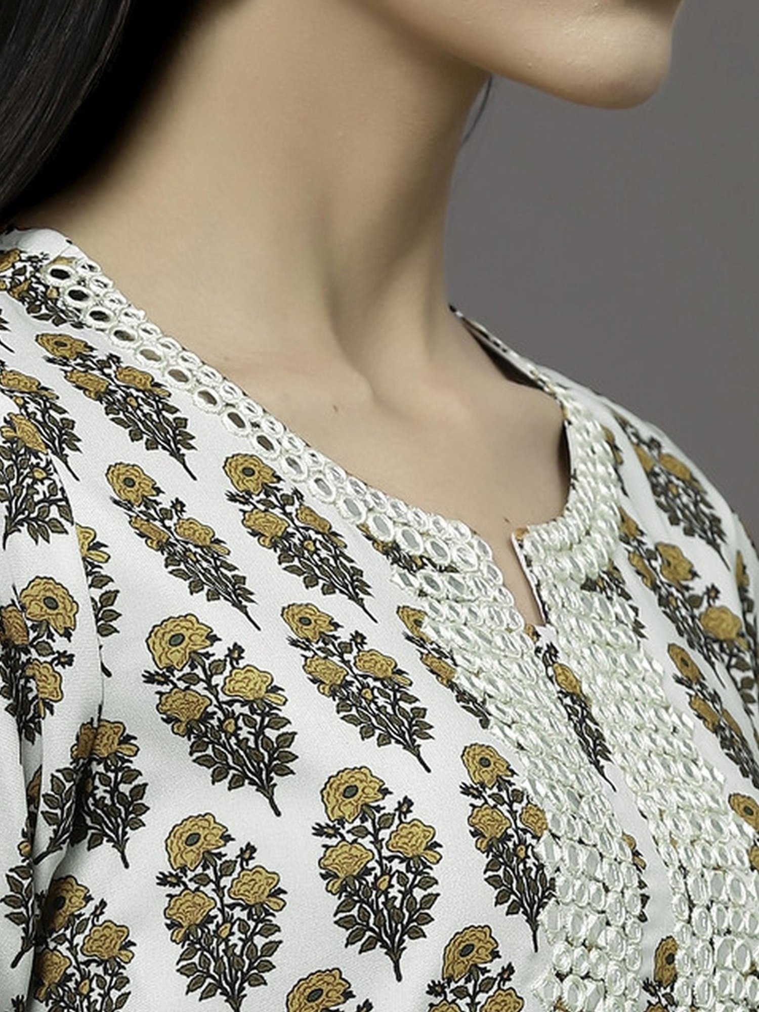 Skylee White & Yellow Embellished Straight Kurta