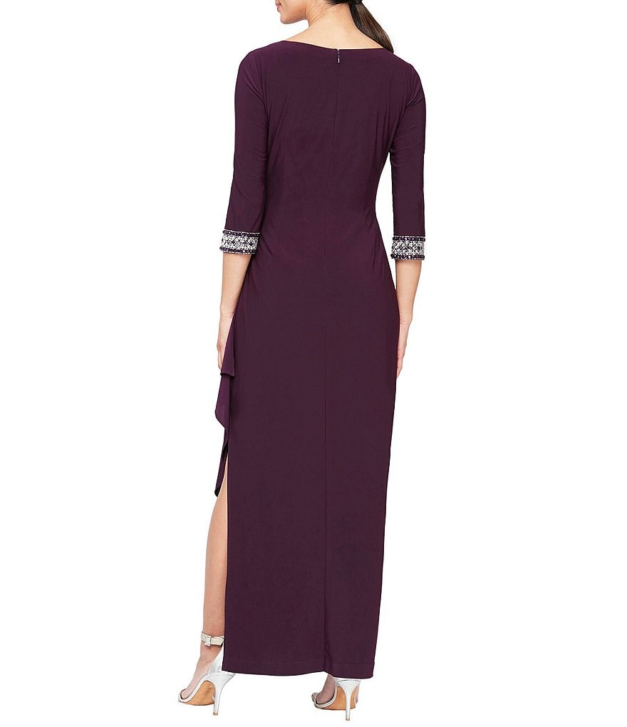 Alex Evenings Petite Size Round Keyhole Neck 3/4 Sleeve Side Ruched Embellished Cuff Gown
