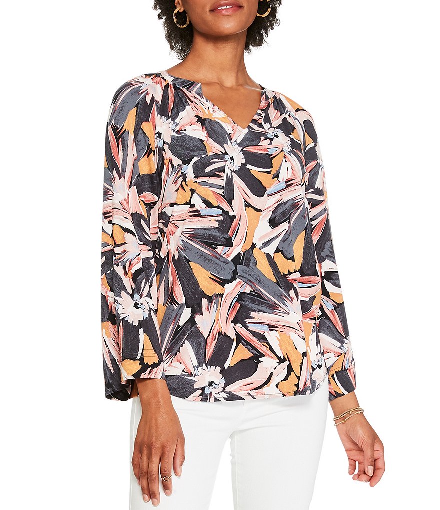 NIC + ZOE Artistic Floral Print Long Sleeve Split V-Neck Side Slit Zenergized Live In Top