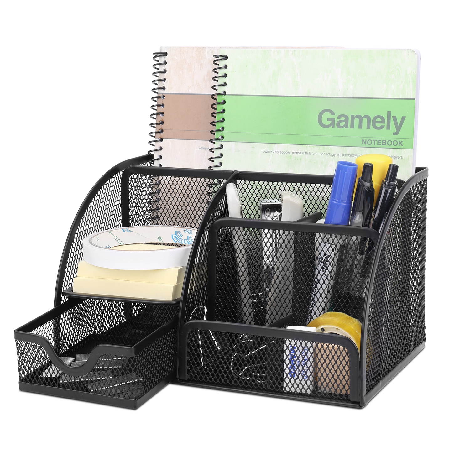 Desk Organizer Office Supplies Accessories Desktop Tabletop Sorter Shelf Pencil Holder Caddy Set - Metal Mesh with Drawer and 6 Compartments (Black)