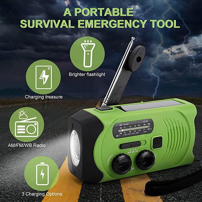 Emergency Solar Hand Crank Portable Radio  Self Powered NOAA Weather Radios Survival Kit with AMFMWB LED Flashlight Power Display 2000mAh Power Bank and SOS Alarm for Hurricane Storm
