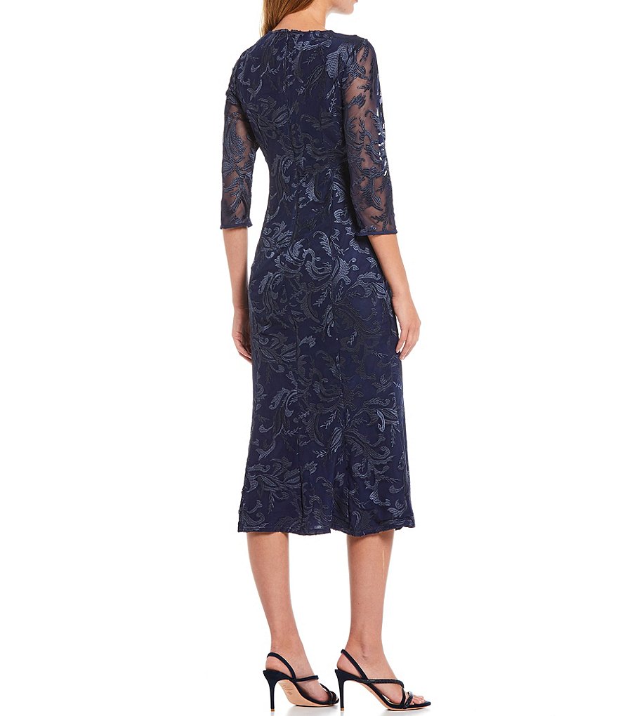 JS Collections Cecily Illusion Lace Jewel Neck 3/4 Sleeve Midi Sheath Dress