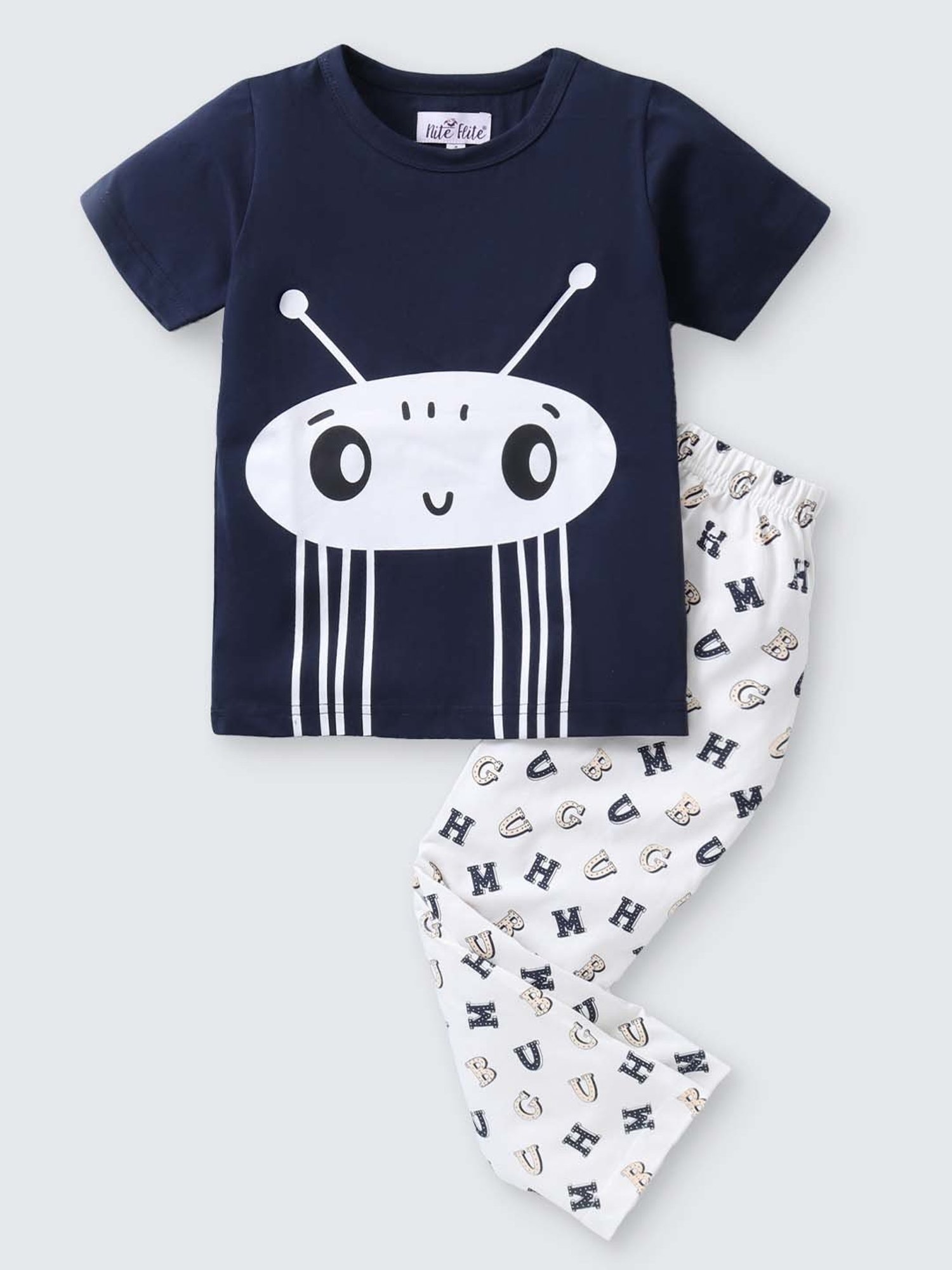 Nite Flite Boys Navy & Off-White Cotton Printed T-Shirt Set