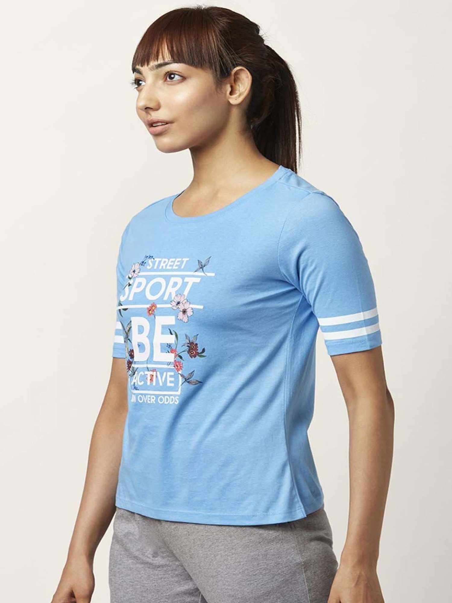 Ajile by Pantaloons Blue Cotton Graphic Print Sports T-Shirt