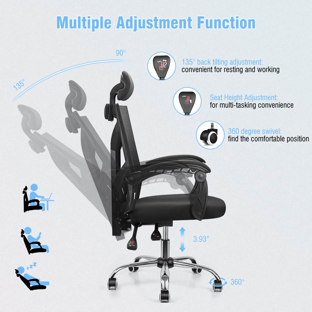 Ergonomic Office Chair High Back Swivel Mesh Chair Computer Desk Task Adjustable