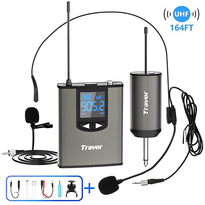Wireless Microphone System Headset/Lavalier Lapel Mic 164ft Range with Rechargeable Bodypack Transmitter & Receiver 1/4" Output for Live Performances, Support Phone