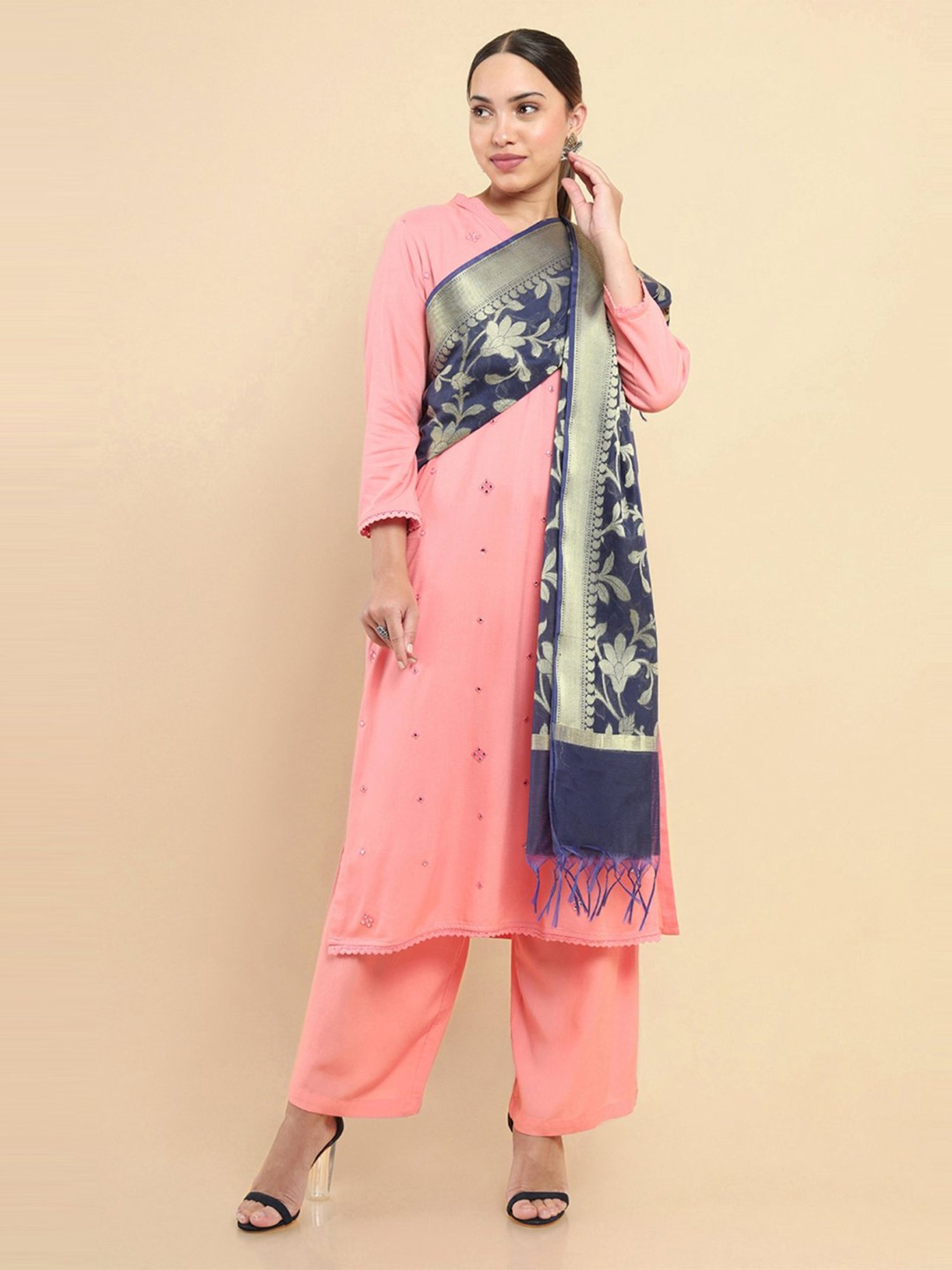 Soch Navy Woven Pattern Dupatta